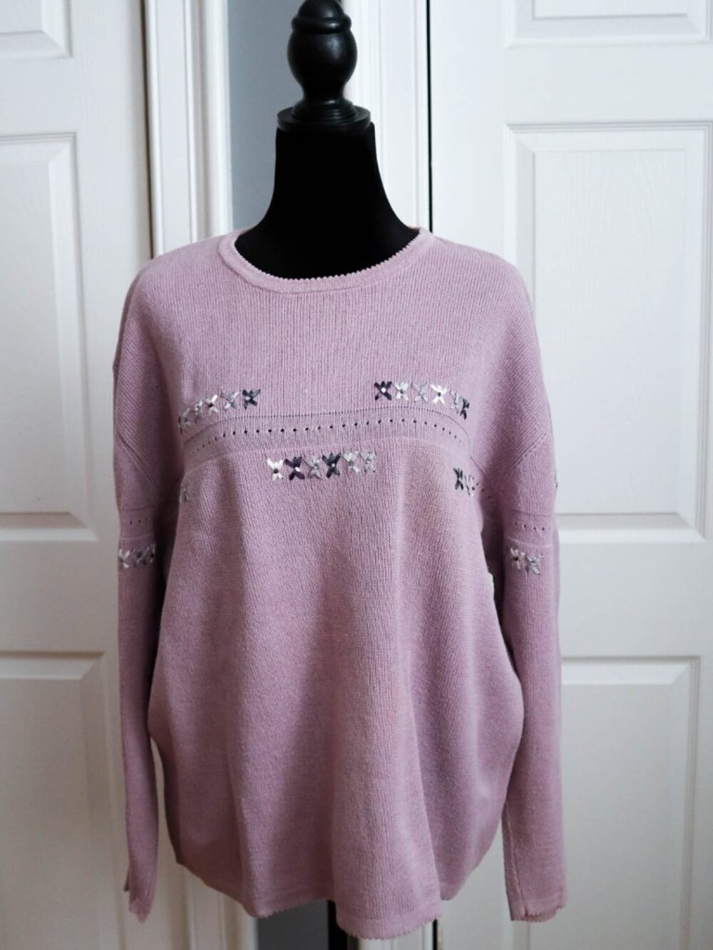 Vtg Northern Reflections Women's Sweater Lilac Purple Floral Ribbon Detail Sz XL
